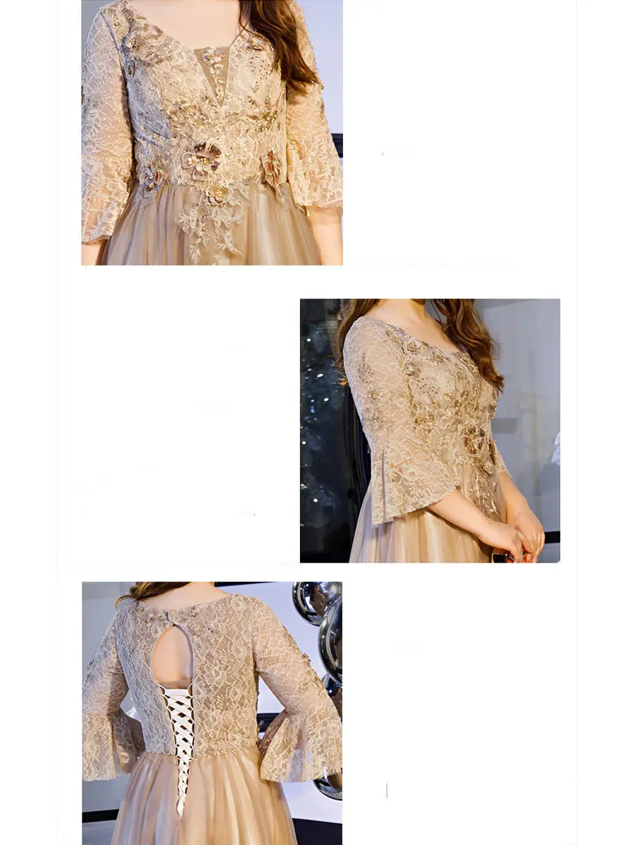 Evening Dress Plus Size Lace Flowers Robe De Soiree T541 Elegant Women Party Dresses Brown Three Quarter Sleeve Prom Dress