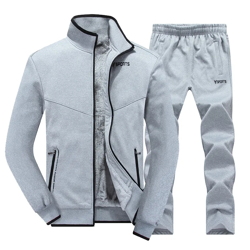 

Winter Men's Jogging Sets Plus Velvet Men Sportswear Set 2 PCS Jacket + Pants Slim Tracksuit Zip Pocket Male's Warm Sports Suit