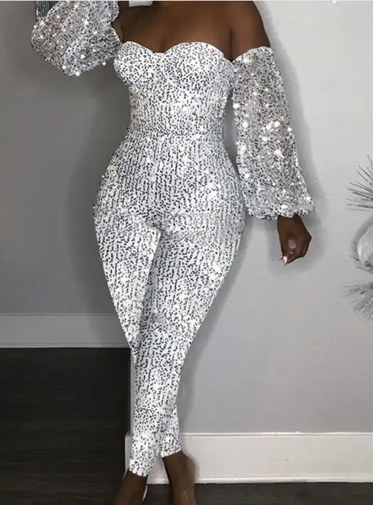 Autumn Women's Fashion Sequins with Long Sleeve One-Shoulder Long Nightclub Party Jumpsuit Rompers Women Jumpsuit