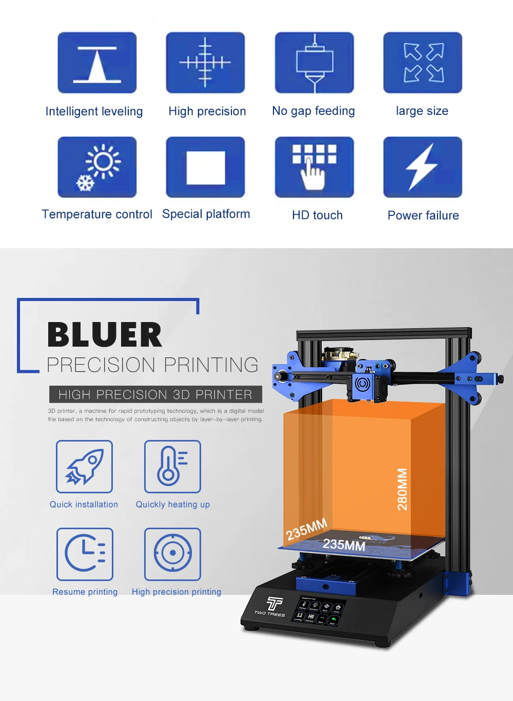 Два дерева набор 3d принтер Bluer i3 принтер 235x235 мм размер 3d Diy Набор 3,5 дюймовый цветной сенсорный экран