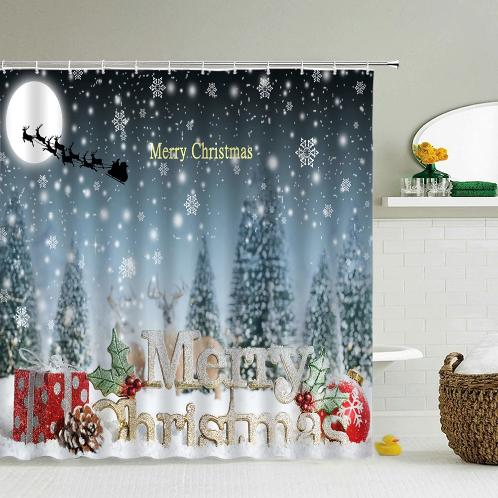 

3d Christmas Shower Curtains New Year Bathroom Curtains Waterproof With 12 Hooks Home Decoration Washable Fabric Bath Screen