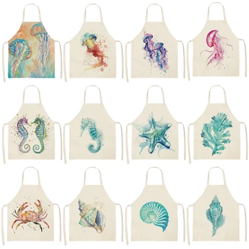 

1Pcs Ocean animal whale Pattern Cleaning Aprons Home Cooking Kitchen Apron Cook Wear Cotton Linen Adult Bibs 53*65cm WQ0175