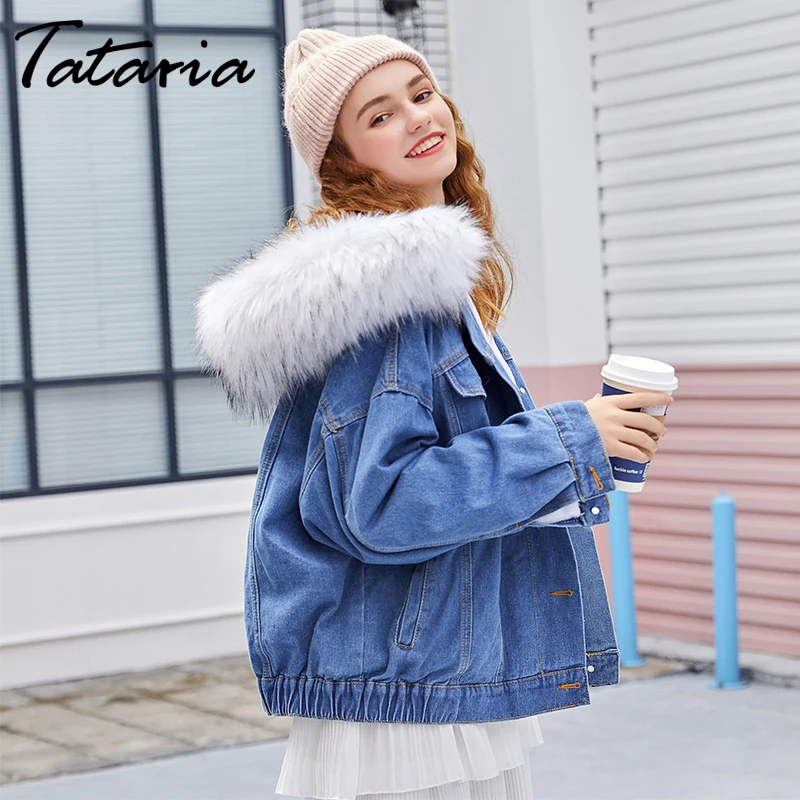 

Tataria Women Winter Warm Hooded Denim Jackets Women Big Fur Collar Plus Velvet Casual Denim Ladies Jacket for Women Coat Top