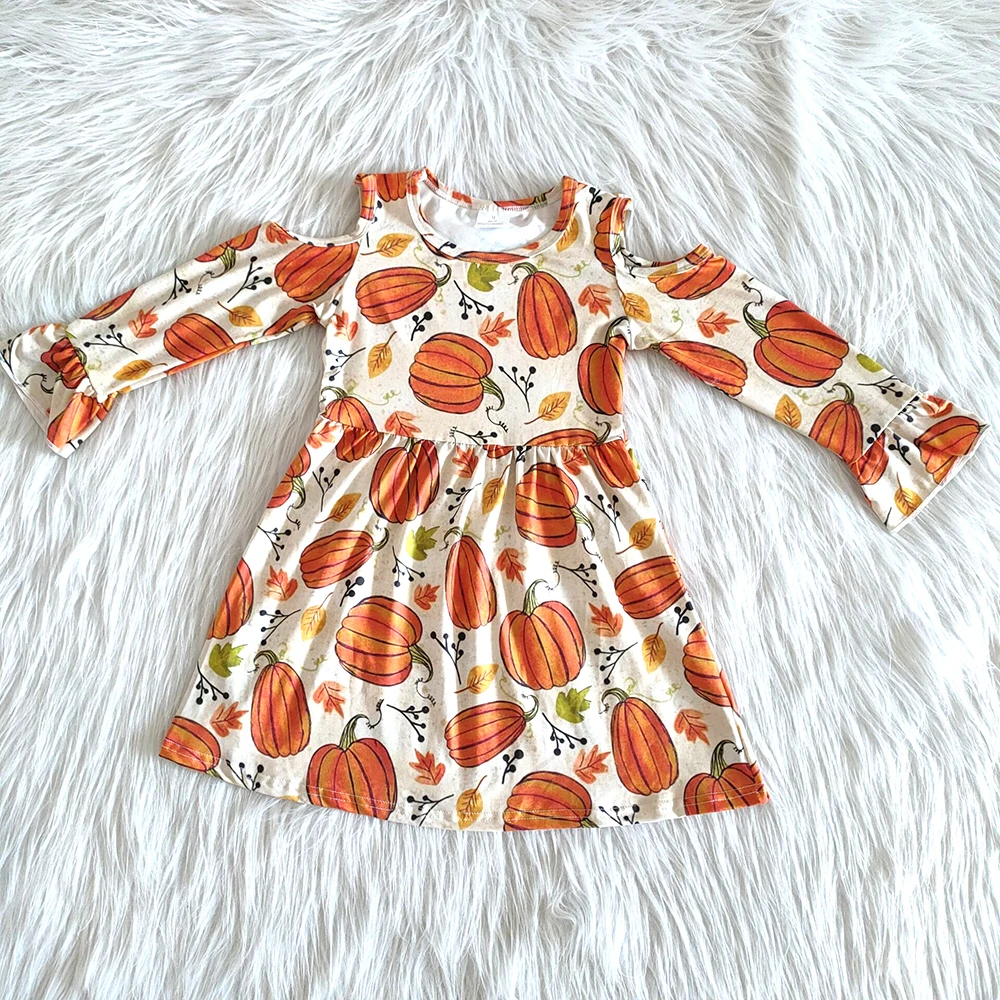 

Fashion girls pumpkin dress with new design kids long sleeve Halloween frocks baby girl boutique ruffle dress