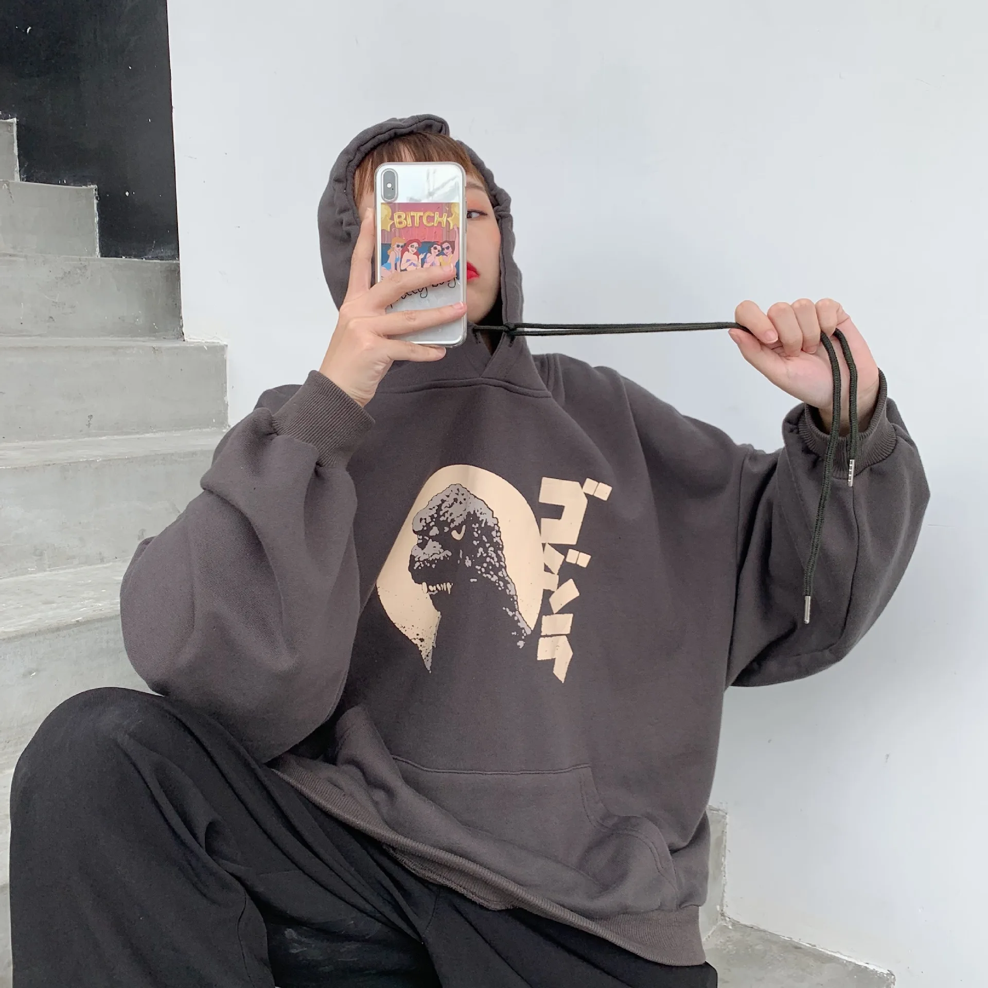 Женские толстовки, корейский Ins Chic Ulzzang, свободные, в студенческом стиле, с принтом, милая толстовка, женская, кавайная, с милым принтом динозавра, с капюшоном