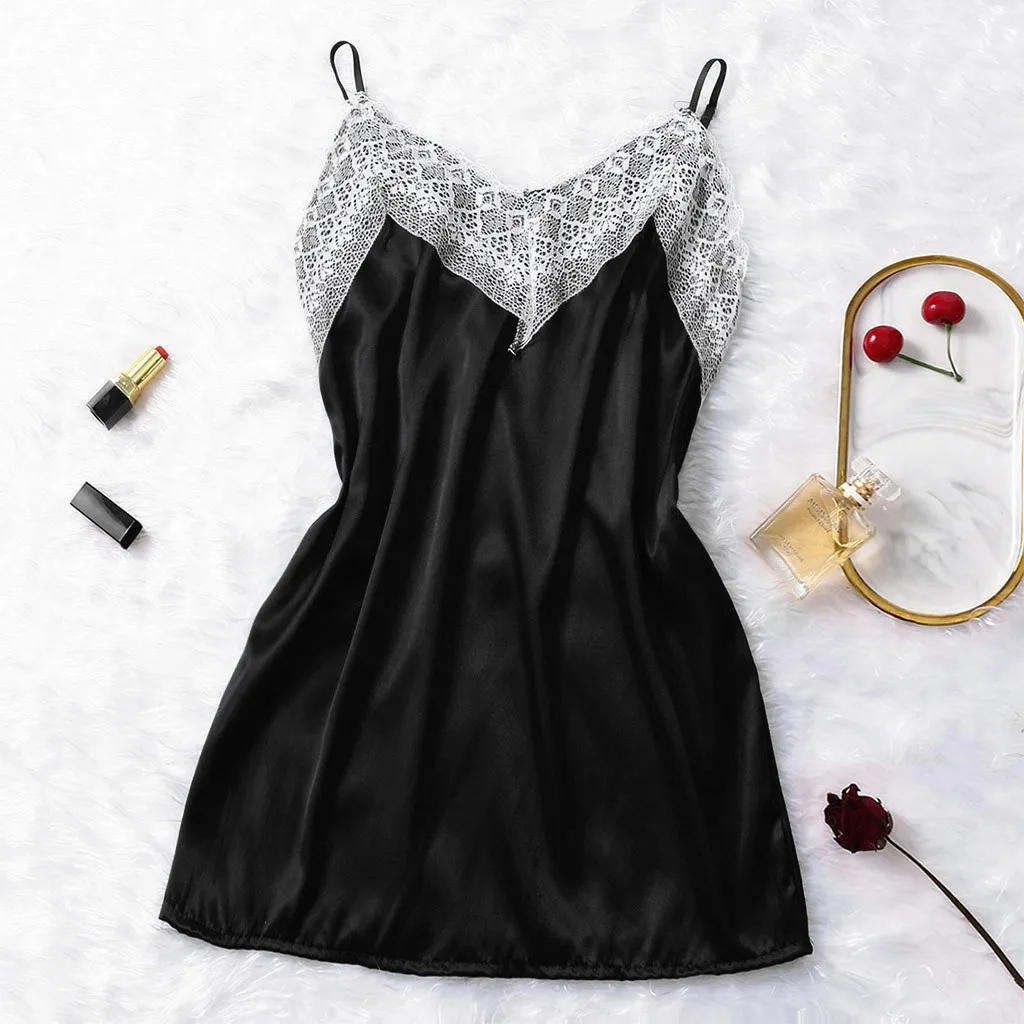 

Women Lace Satin Silk Nightdress V-Neck Sleeveless Mini Nightie Nightgown Mujer Plus Size S-3XL Night Dress Summer Homewear New