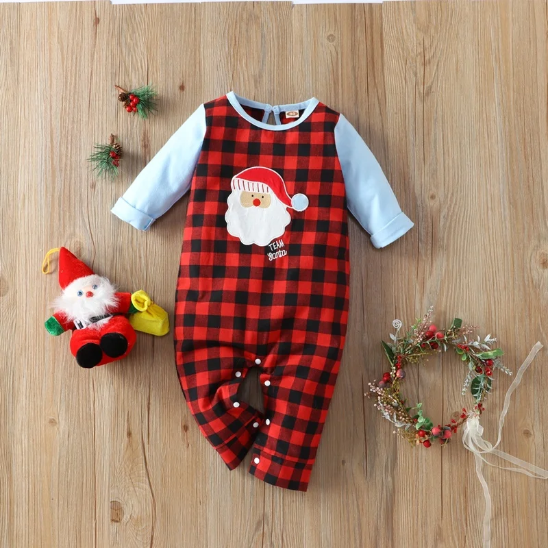 New Baby Christmas Clothes Baby Rompers Plaid Santa Claus Patchwork