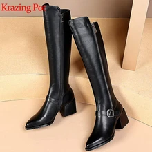 krazing pot hot saling cow leather thick high heels pointed toe big size zipper stovepipe keep warm career thigh high boots L2f5