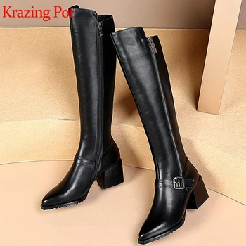 

krazing pot hot saling cow leather thick high heels pointed toe big size zipper stovepipe keep warm career thigh high boots L2f5