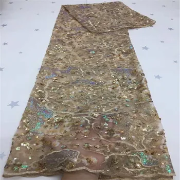 

high-end French champagne/gold sequins 3D embroidery lace fabric, high quality African tulle lace fabric sequins wedding Nigeria