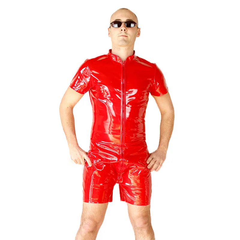 

Mens PVC Latex Wetlook Bodysuit Sexy Lingerie Clubwear Patent Leather Front Zipper Boxer Shorts Leotard Body Suit Costumes
