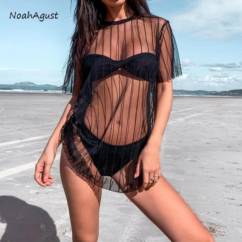Сексуальное прозрачное пляжное платье, короткий сетчатый прозрачный купальник, накидка, Женская туника, пляжная одежда, Saida De Praia