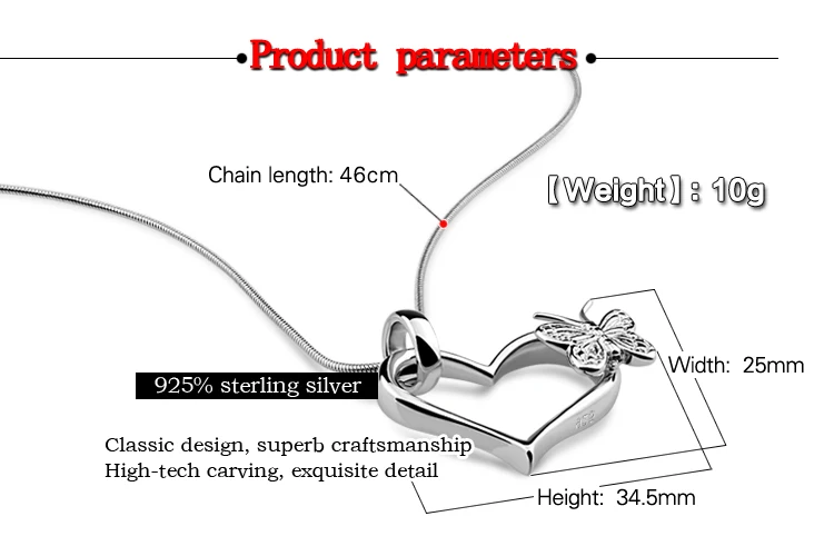 Дизайн серебряный кулон в форме сердца Женская модная подвеска-бабочка ожерелье Твердые стерлингового серебра 925 Женские ювелирные ожерелья