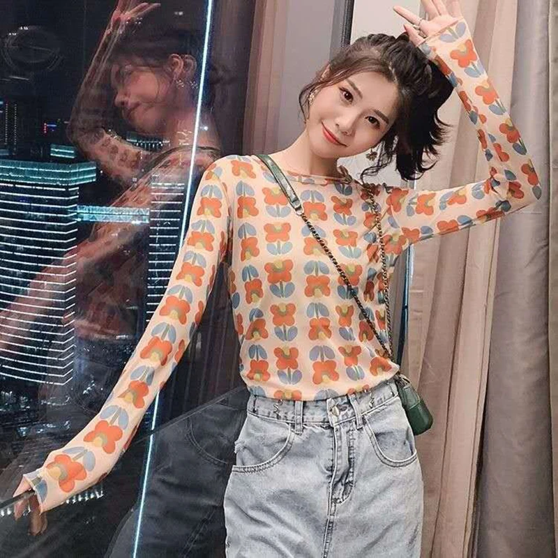 Kpop ins женская футболка с цветочным принтом и луной сексуальные милые сетчатые