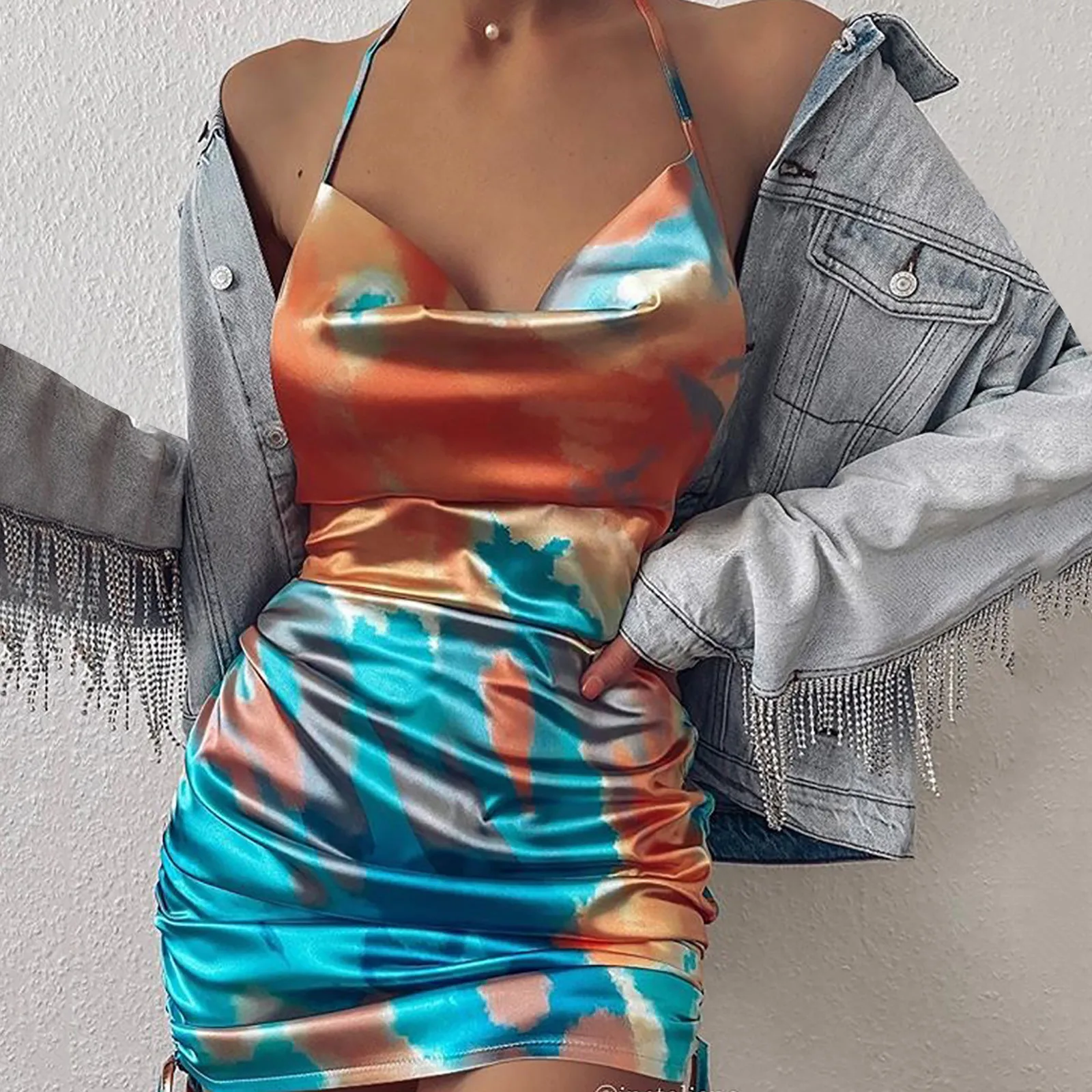 40# Sexy Dress Women's Party Summer Dress New Fashion Sexy Tie-dye Pleated Satin Sling Party Bodycon Dress Tie Dye Ropa Mujer 2