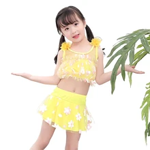 Детский купальный костюм из двух предметов для девочек, с вышивкой, с открытыми плечами, милая одежда для плавания