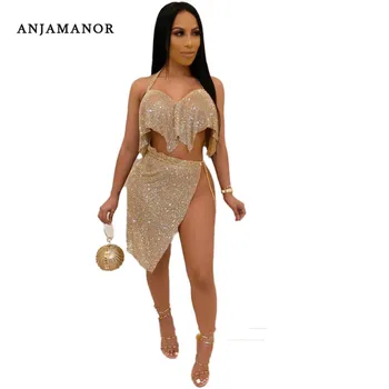 

ANJAMANOR Glitter Sexy Two Piece Set Chain Crop Top Skirt 2 Piece Matching Sets Woman Plus Size Summer Club Outfits D91-AC15