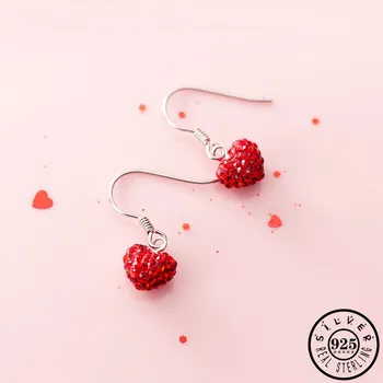 

925 Sterling Silver Red Love Heart Shaped with Cubic Zirconia Stone Statement Hanging Dangle Drop CZ Earrings Jewelry for Women