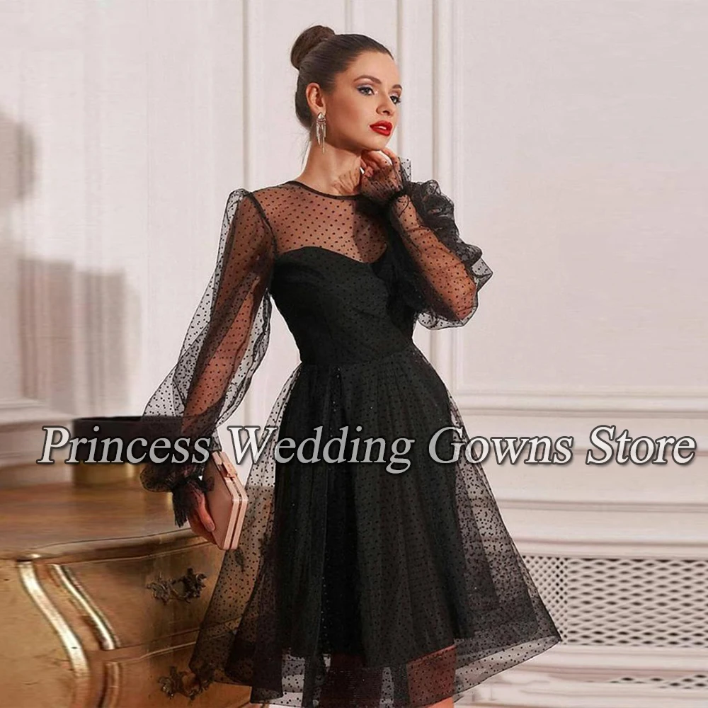 Black Short Prom Dress For Girl With Long Sleeves Illusion A Line Formal Party Gown Tulle Scoop Neck Robe De Soriee 2021 light blue prom dresses