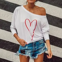 2018 Новые поступления Повседневное дамы сердца печати с длинным рукавом белая Для женщин футболка модный топ с вырезом лодочкой с открытыми