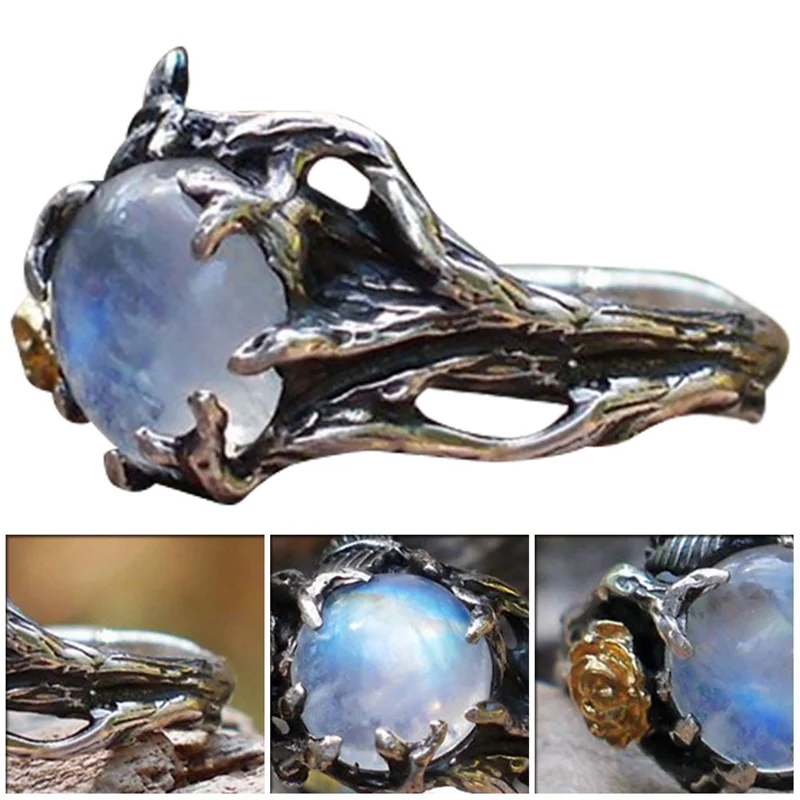 Crystal Rings Engagement Rings Stone Rings Fashion Rings Finger Rings Fashion Ring Metal Rings Vintage Retro Tree Leaf Natural Moonstone Stone Rings for Women Engagement Christmas Jewelry Gift