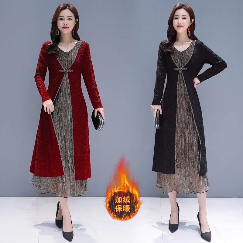 

Autumn And Winter Dress Brushed And Thick 2018 Large Size Dress Slimming Elegant Long Sleeve over-the-Knee Liangsi Knitted Dress