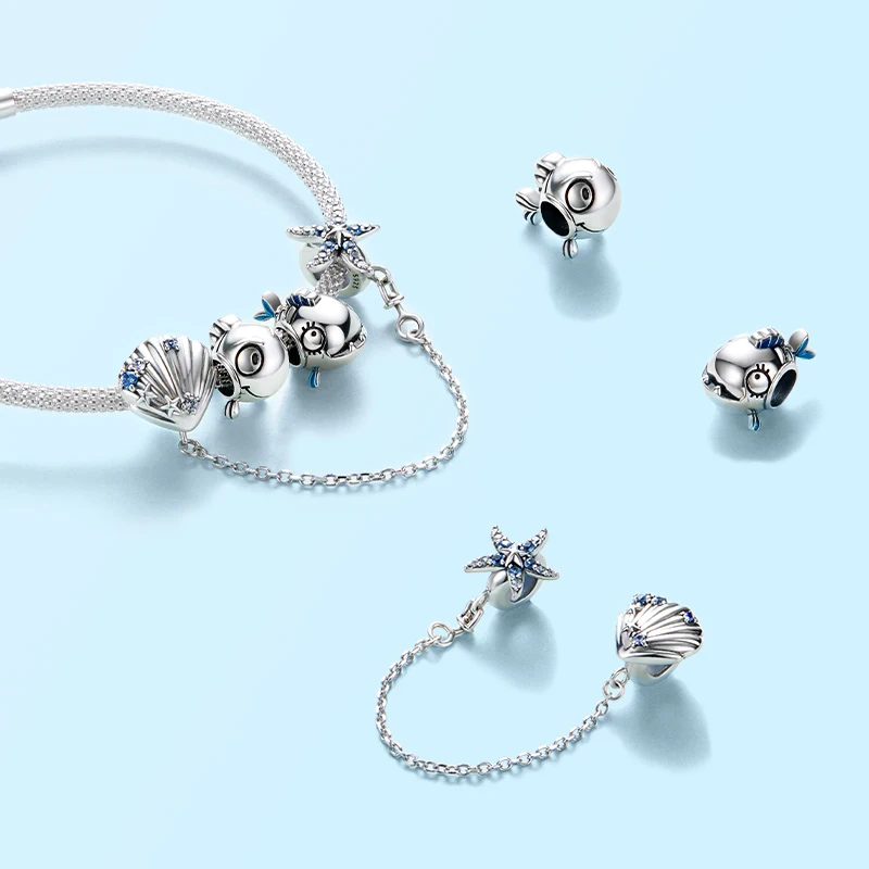 925 Sterling Silver Starfish Silicone Safety Chain Big Eyes fish Charm Beads fit 3mm Bracelet Making Original Woman Jewelry 925 Sterling Silver Starfish Silicone Safety Chain Big Eyes fish Charm Beads fit 3mm Bracelet Making Original Woman Jewelry