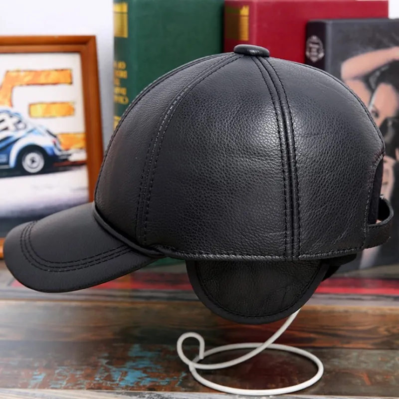 SHALUOTAOTAO Snapback новая шляпа из натуральной кожи для мужчин зимняя теплая бейсбольная Кепка из воловьей кожи Регулируемый размер наушники брендовые шапки s