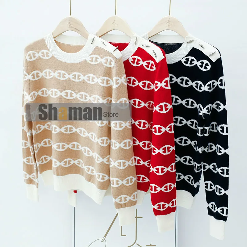 

luxury designer women 2021 spring Geometric Chain Jacquard Metal Shoulder Buckle O Neck wool Sweater Female pullovers sweaters