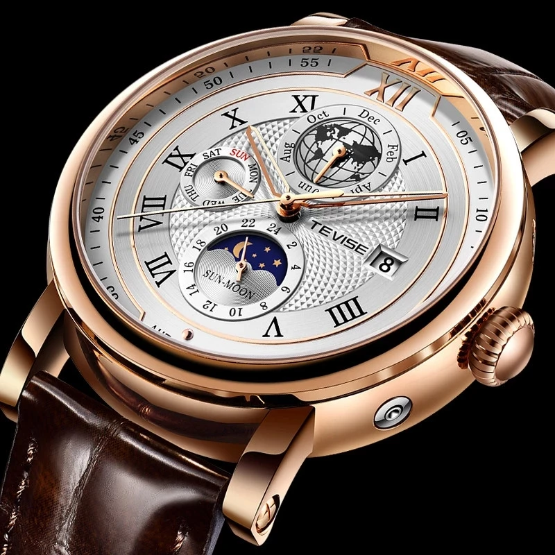2021 New TEVISE Mens Mechanical Watches Top Brand Luxury Leather Moon Phase Automatic Watch Men Fashion Sport Waterproof Clock