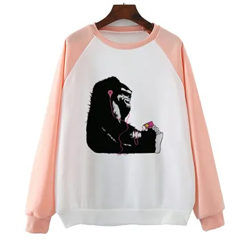 

Listen To The Music Ape Sunmmer Hoodie Print Red Pink O-Neck Women Long-Sleeved Hoody Casual Brand Loose Coat
