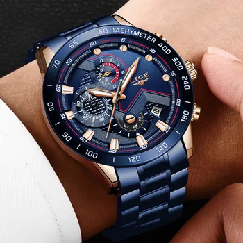 

Men Watches Top Brand Luxury Stainless Steel Blue Waterproof Quartz Watch Men Fashion Chronograph Male Sport Military Watch