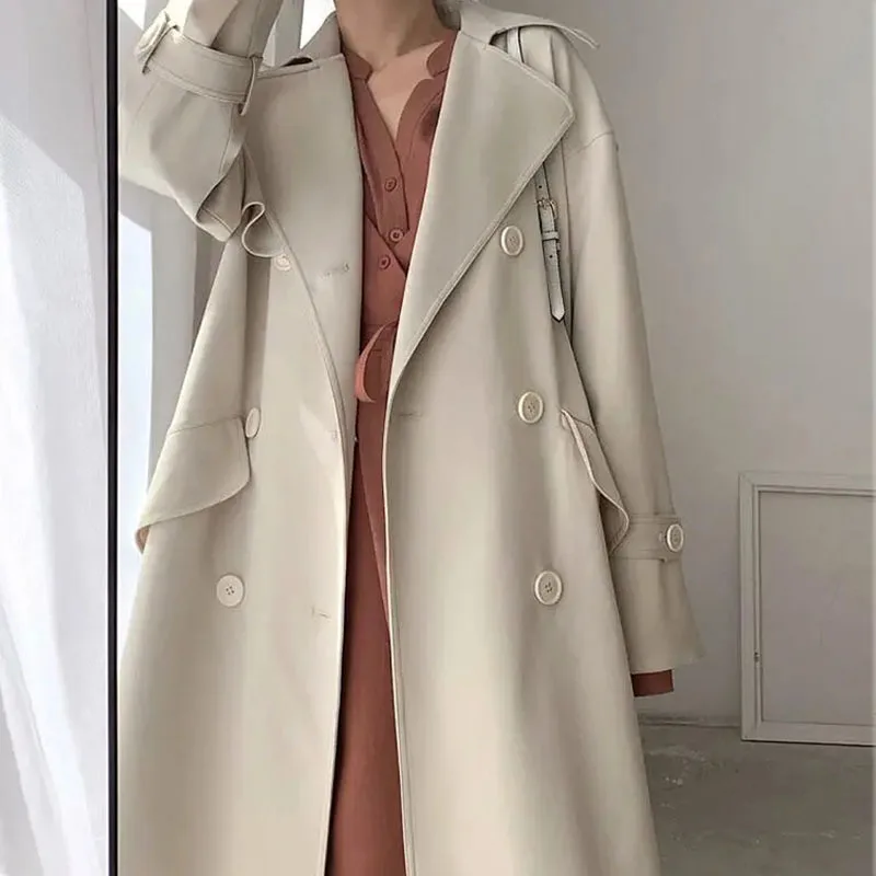 

Korean Elegant Mid-length Apricot Light Blue Windbreaker With Sashes Women Autumn Lapel Double Breasted Long Sleeve Trench Coat