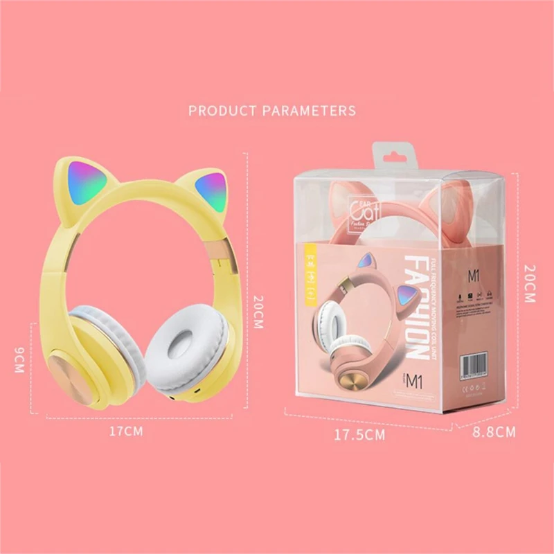 Bluetooth Headphones Cat Ear LED Light Up Wireless Foldable Headphones over Ear for Smartphones Laptop PC TV