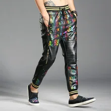 Хип-хоп брюки мужские черные уличная искусственная кожа брюки плюс размер джоггеры печатные Высокая уличная эластичная талия с молнией