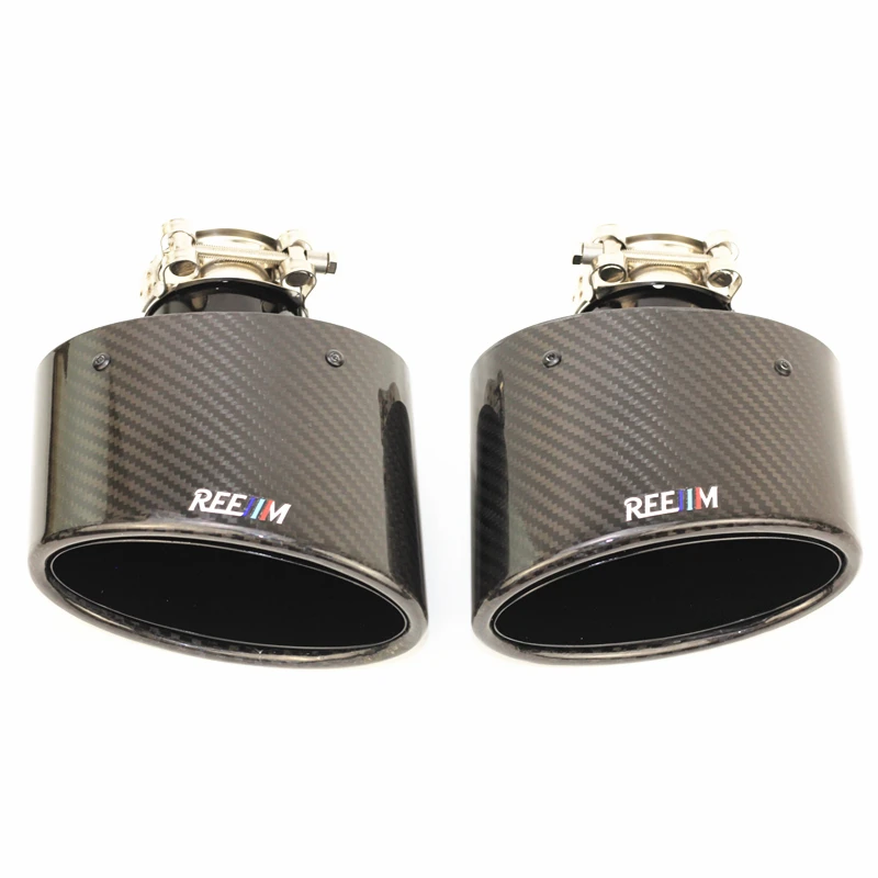 

2 PCS Oval Slanted Carbon Fiber Exhaust tips Tailpipe muffler tip Black pipe Width 150mm Stainless nozzle car styling