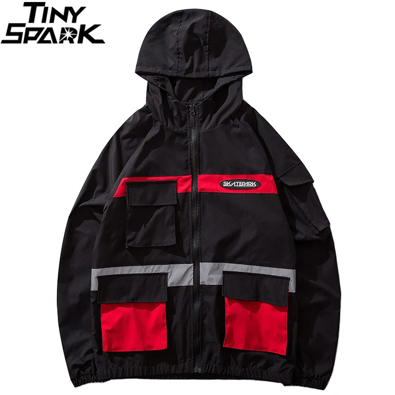 Harajuku 3M Светоотражающий жилет Для мужчин Уличная одежда с капюшоном в стиле хип-хоп куртка ветровка на весну Цвет блок спортивная куртка, пальто с капюшоном