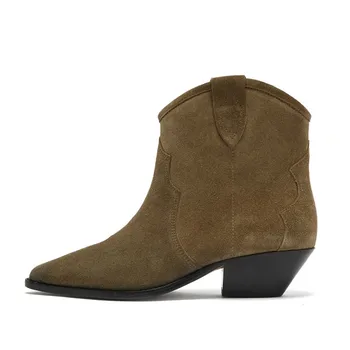 

Hot Genuine Leather Suede Ankle Boots Women Quality Solid Chunky Heels Short Boots Slip on Classic Chelsea Boots Botas Feminina