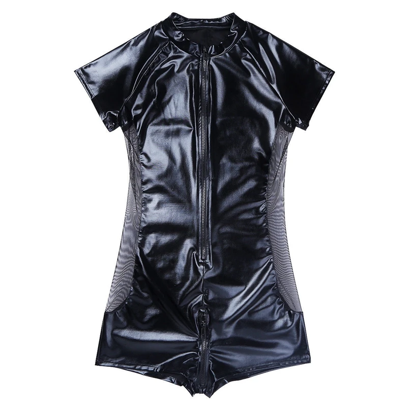 Black Wetlook Latex Catsuit Leather Man Jumpsuits S-3XL Stretch PVC Mesh Bodysuits Sexy Clubwear Men Open Crotch Vinyl Body Suit