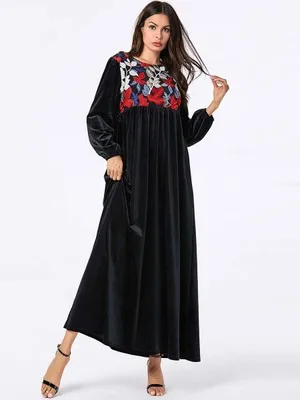 Женское бархатное платье-кафтан, платье из сафьян, серое длинное, Дубаи, абайя, утепленное, зимнее, осенне-весеннее, большие размеры, мусульманское, арабское платье - Цвет: Black Velvet   Dress