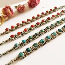 Непальские 925 пробы серебряные Винтажные Ювелирные изделия инкрустация натуральная бирюза Коралловые бусы цепи браслеты T9006