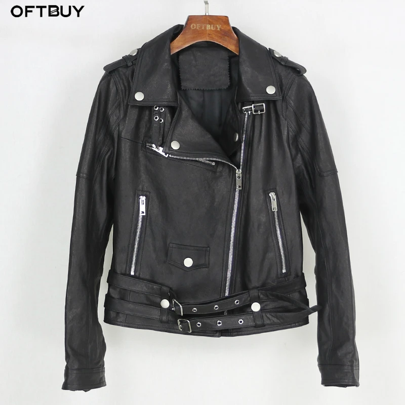 Женская куртка из натуральной овечьей кожи OFTBUY мотоциклетная с поясом на молнии