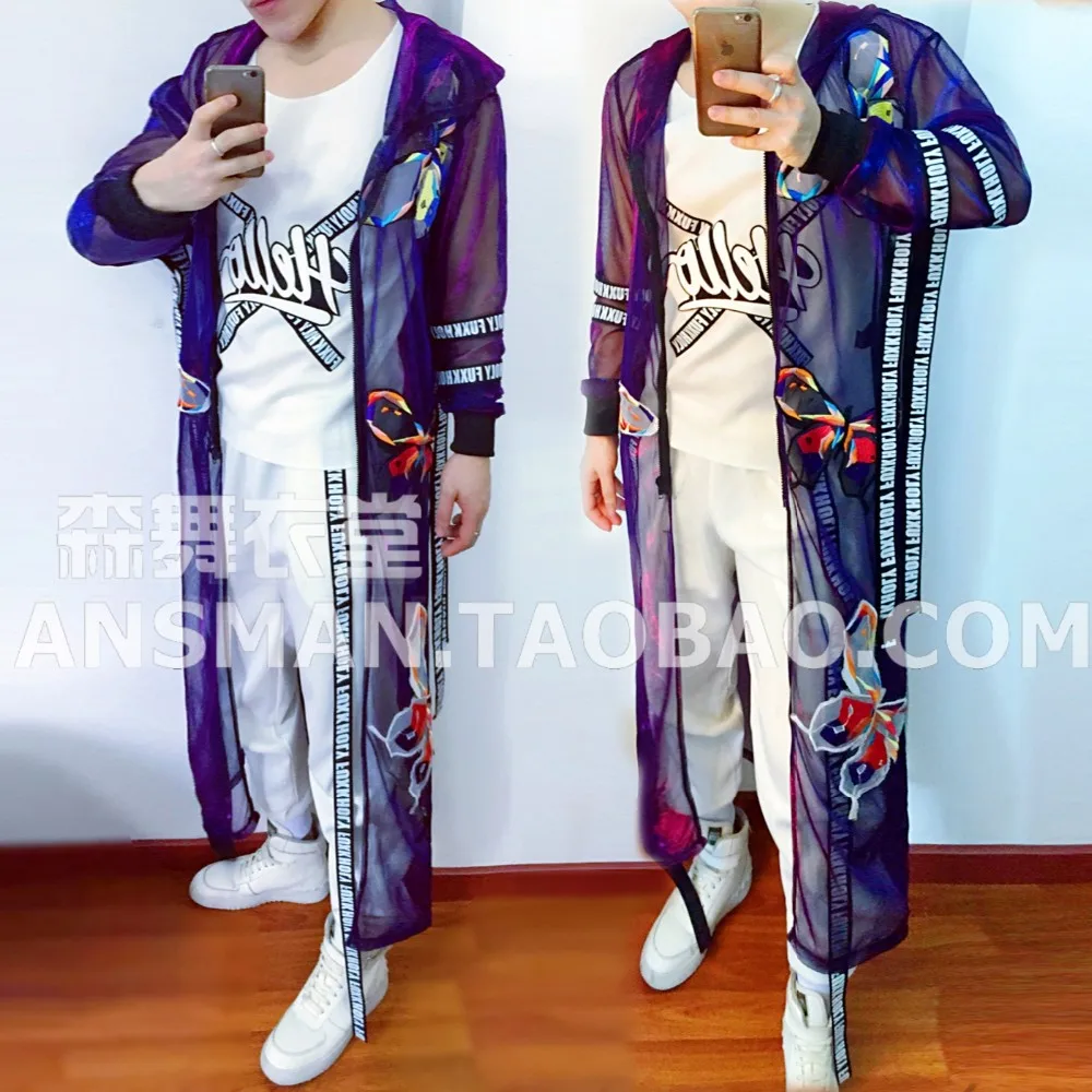 

Personality Men's fashion Coloured Purple flash long cloak costumes Nightclub Male Singer dancer party show hip-hop stage wear