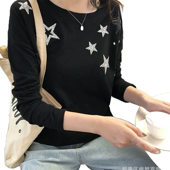 

QING MO Star Diamond Women T-shirt 2020 Spring Summer O-Neck Casual Long Sleeve T-shirt Women Top Black White Haze blue QYF005A