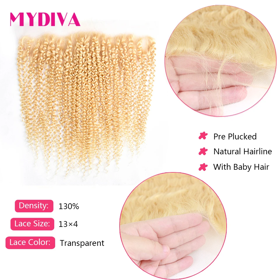 Kinky Curly 613 блонд пряди с фронтальной застежкой бразильские натуральные кудрявые пучки волос с фронтальной 10-3" средний коэффициент Remy
