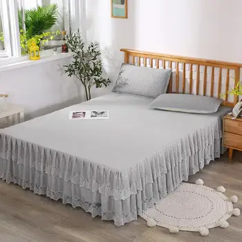 

26 1 pc Gray Bed Sheet Non-slip Lace Bed Fitted Sheets Queen King Double Size Solid Color Bed Skirt