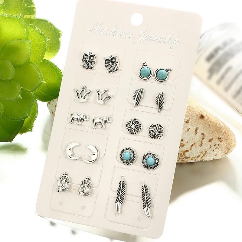 10Pairs/set Women Boho Silver Turquoise Earrings Set Jewelry Owl Crown Ear Stud