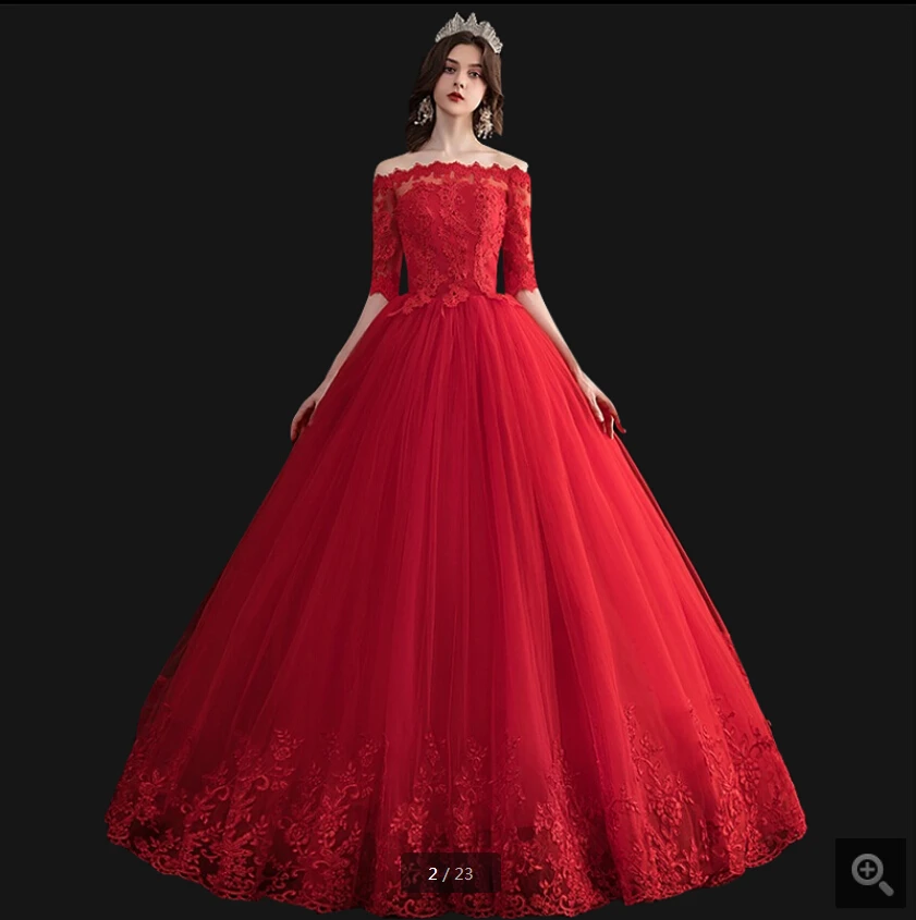 

Robe de Mariage 2020 red lace appliques ball gown wedding dress off the shoulder half sleeve princess modest bridal gowns