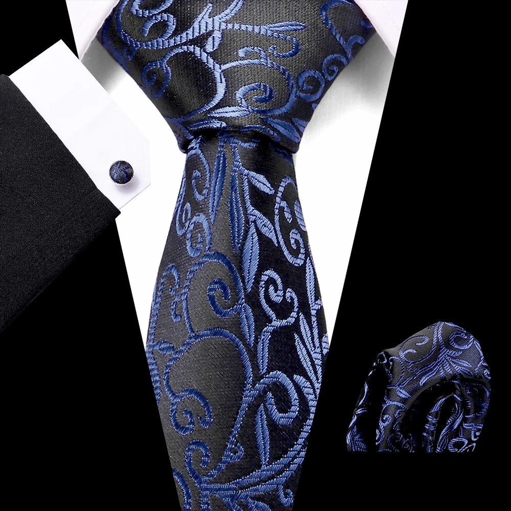 

Luxury Black Blue Print Mens 7.5cm Tie 100% Silk Jacquard Woven Extra long Tie Hanky Cufflink Set For Men Formal Wedding Party