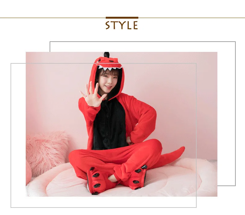 Woman Dinosaur Kigurumi Onesies Costumes Adult kids Hooded animal cartoon pajamas red Dinosaur home lovers long sleeve Jumpsuits